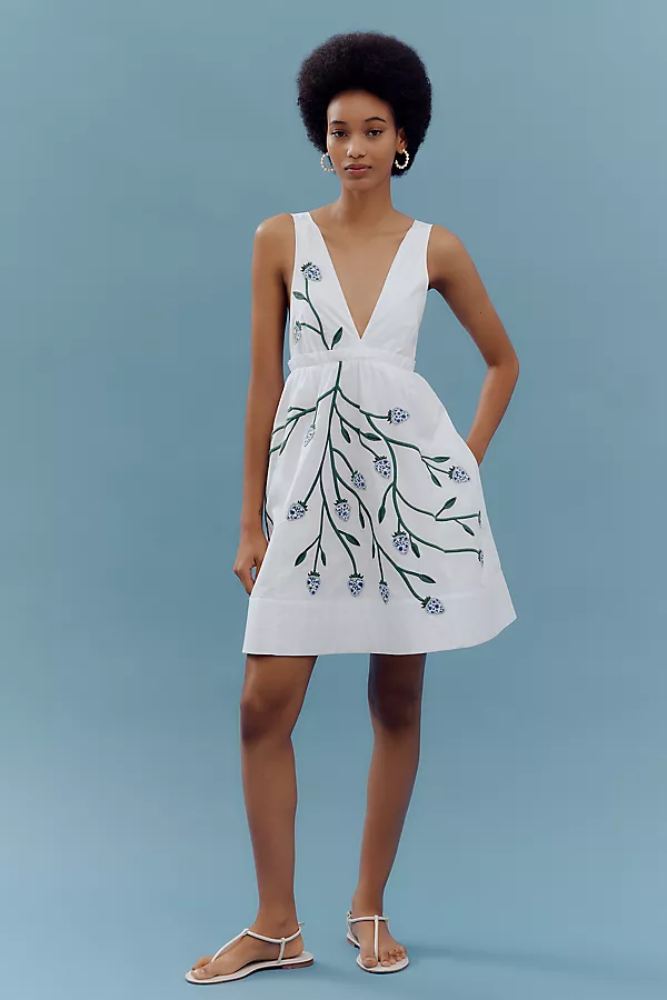 Anthropologie Maeve Cotton Sleeveless V-Neck Mini Babydoll Strawberry Dress White Dahlia