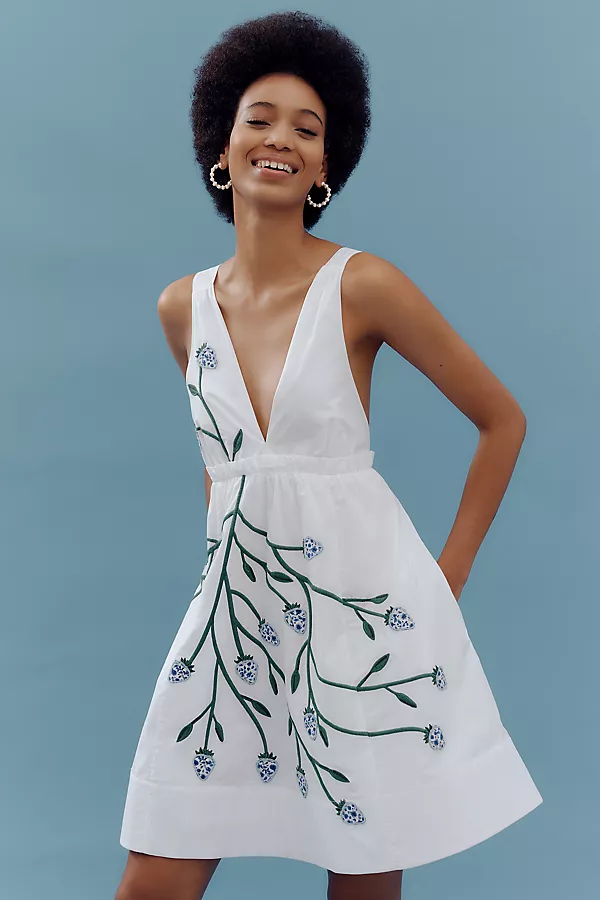 anthropologie Maeve Cotton Sleeveless V-Neck Mini Babydoll Strawberry Dress White Dahlia