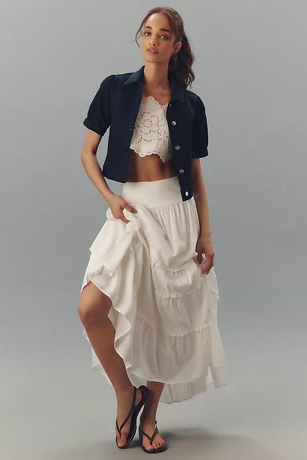 Anthropologie Maeve Cropped Puff-Sleeve Denim Jacket Denim Dark