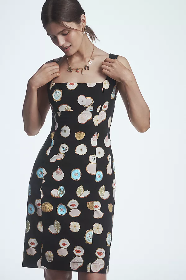 Anthropologie Maeve Fitted Square-Neck Mini Dress: Danielle Kroll Edition Black Pattern