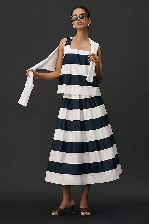 Anthropologie Maeve Full Striped Midi Skirt Navy/White Stripe