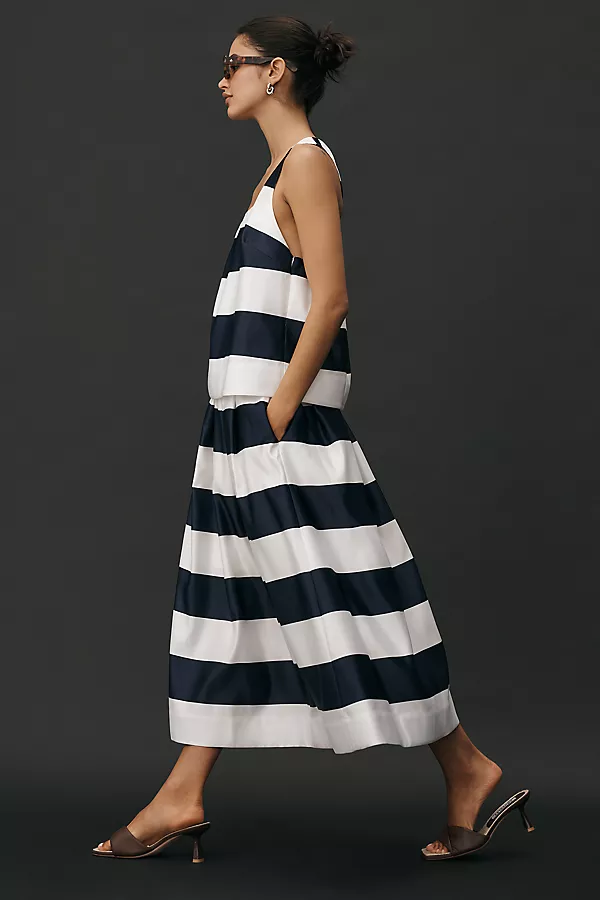 anthropologie Maeve Full Striped Midi Skirt Navy/White Stripe