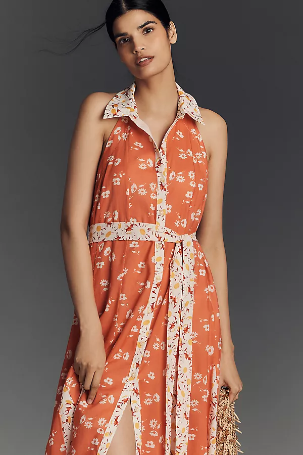 Anthropologie Maeve Halter Open-Back Godet Midi Shirt Dress Red