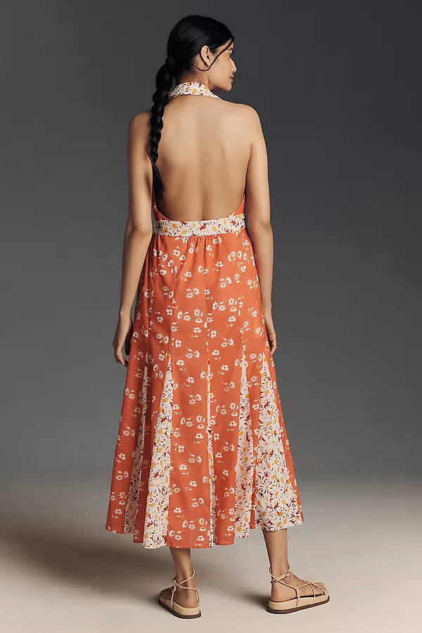 Anthropologie Maeve Halter Open-Back Godet Midi Shirt Dress Red