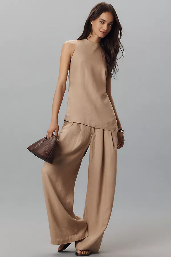 Anthropologie Maeve High-Neck Linen Asymmetric Long Tank Soft Camel