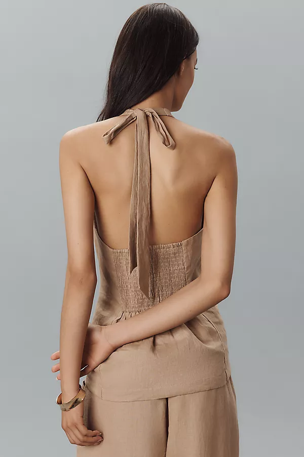 Anthropologie Maeve High-Neck Linen Asymmetric Long Tank Soft Camel