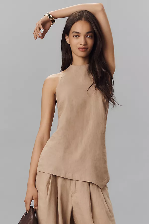 Anthropologie Maeve High-Neck Linen Asymmetric Long Tank Soft Camel
