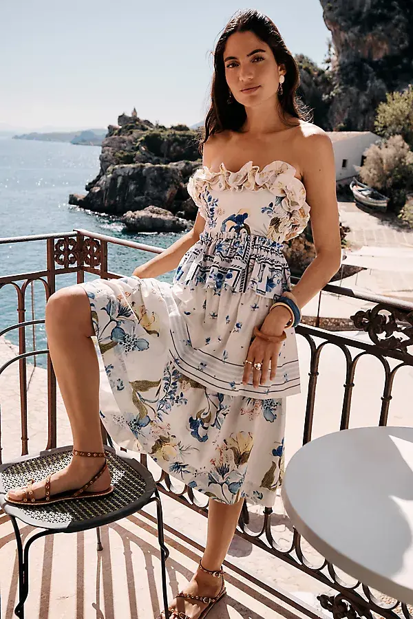 Anthropologie Maeve Linen Blend Strapless Knee-Length Dress Ivory