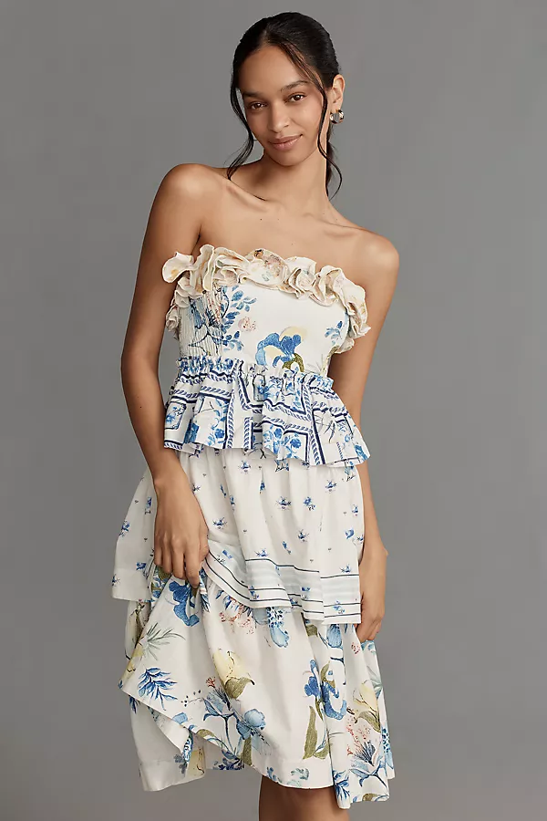 Anthropologie Maeve Linen Blend Strapless Knee-Length Dress Ivory