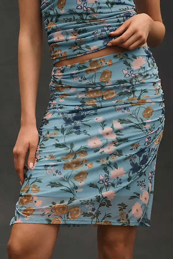 Anthropologie Maeve Printed Mesh Knee-Length Skirt Blue Pattern