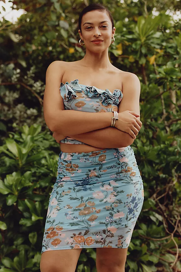 anthropologie Maeve Printed Mesh Knee-Length Skirt Blue Pattern