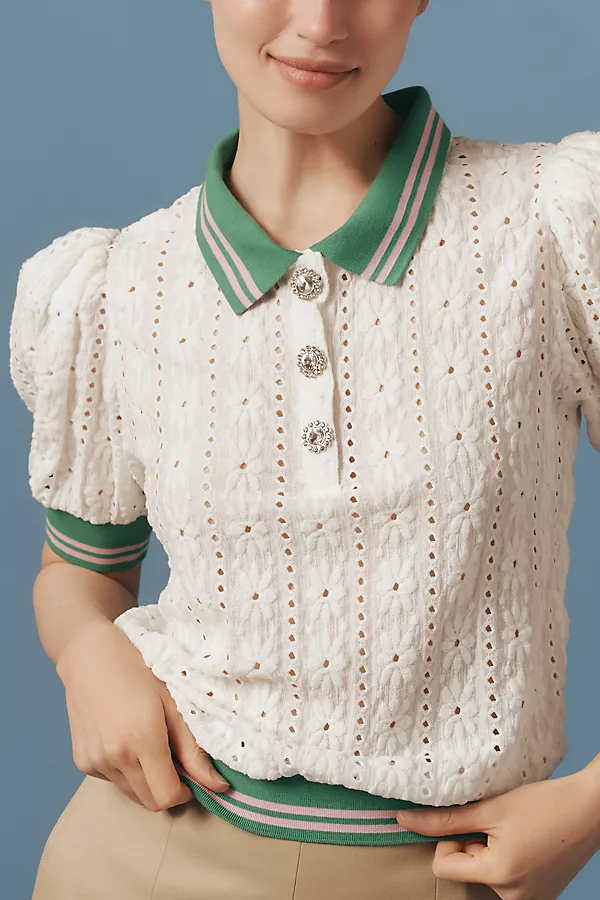 Anthropologie Maeve Puff-Sleeve Lace Polo Top White