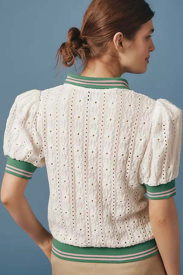 Anthropologie Maeve Puff-Sleeve Lace Polo Top White