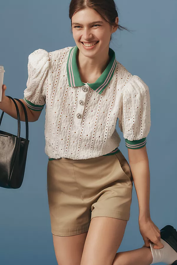 Anthropologie Maeve Puff-Sleeve Lace Polo Top White