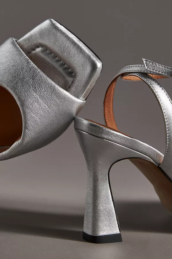 Anthropologie Maeve Puffy Square-Toe Ankle-Strap Heels Silver