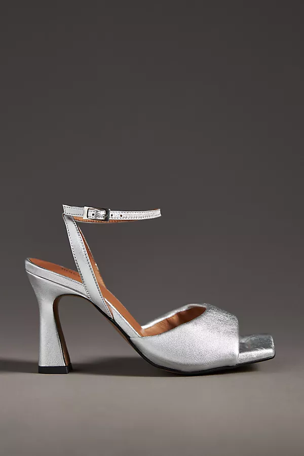 anthropologie Maeve Puffy Square-Toe Ankle-Strap Heels Silver