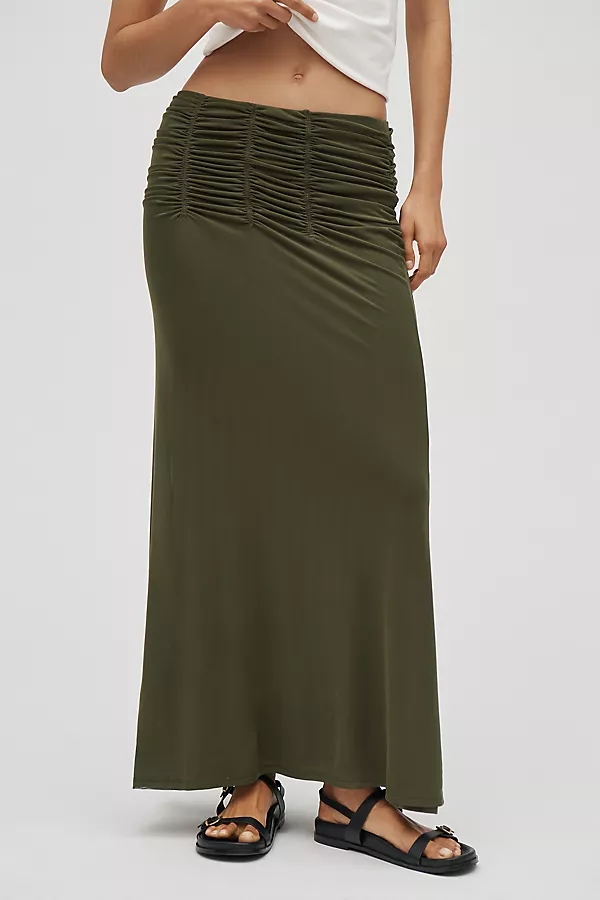 Anthropologie Maeve Ruched Yoke Column Maxi Skirt Smoked Deep Olive