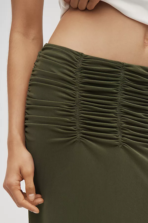 Anthropologie Maeve Ruched Yoke Column Maxi Skirt Smoked Deep Olive