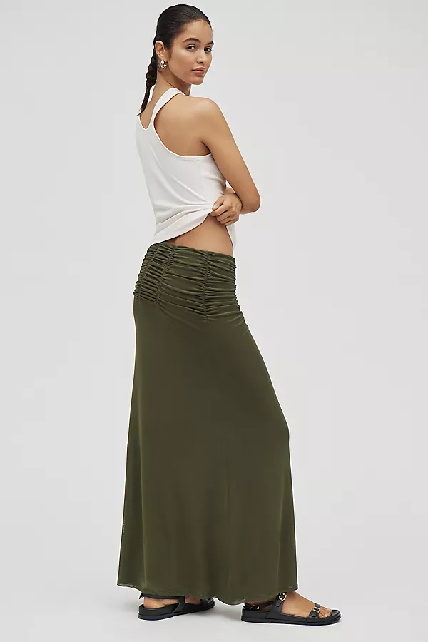 Anthropologie Maeve Ruched Yoke Column Maxi Skirt Smoked Deep Olive