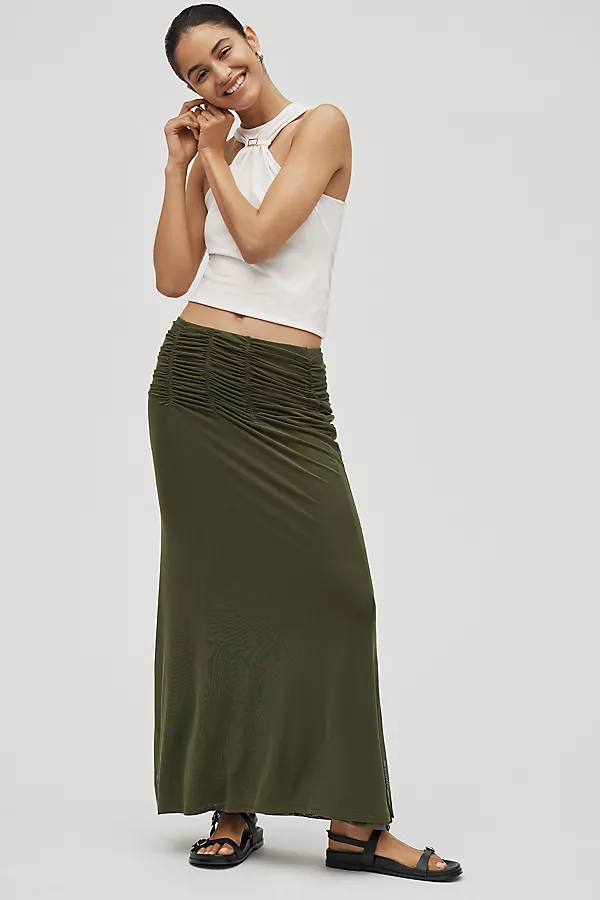 anthropologie Maeve Ruched Yoke Column Maxi Skirt Smoked Deep Olive
