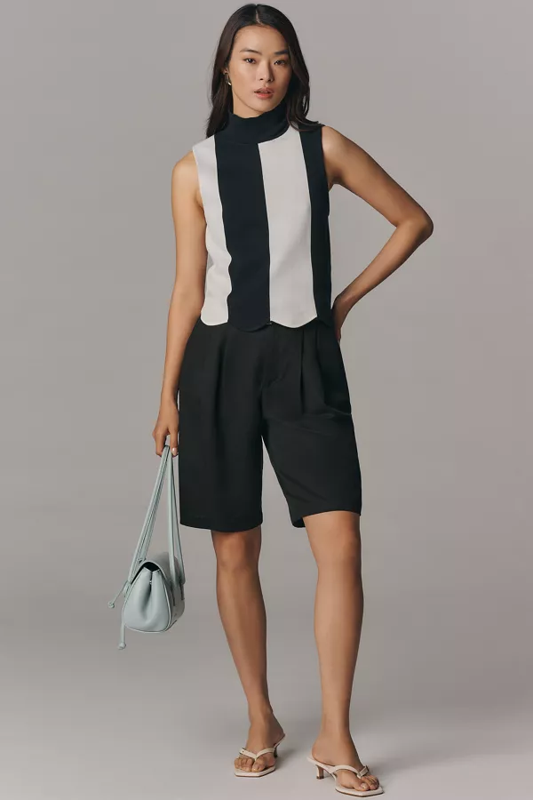 Anthropologie Maeve Scalloped Turtleneck Sweater Tank Top Black & White Pattern