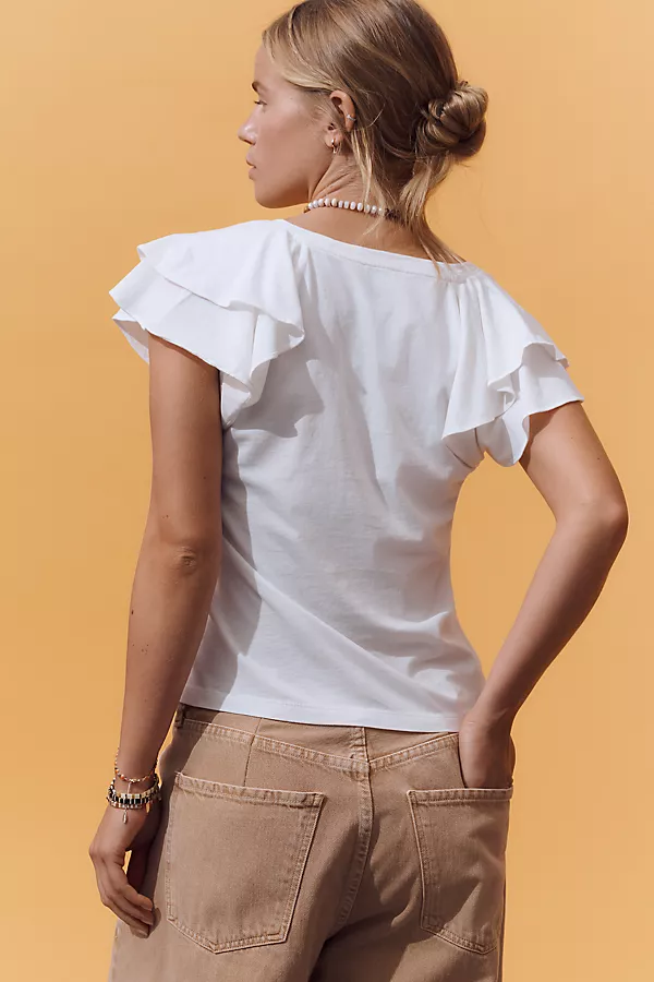 Anthropologie Maeve Scoop-Neck Flounce-Sleeve Tee White