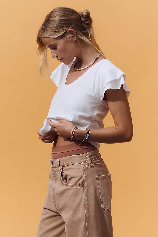 anthropologie Maeve Scoop-Neck Flounce-Sleeve Tee White