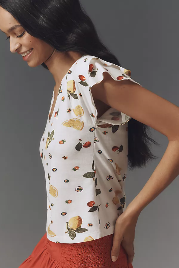 Anthropologie Maeve Scoop-Neck Flounce-Sleeve Tee Yellow