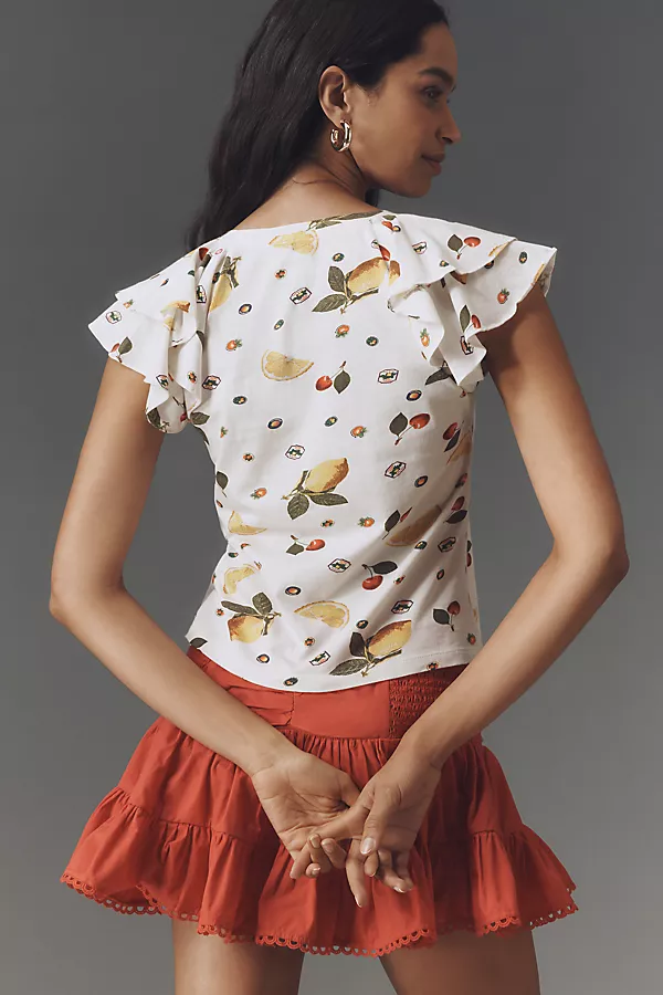 Anthropologie Maeve Scoop-Neck Flounce-Sleeve Tee Yellow