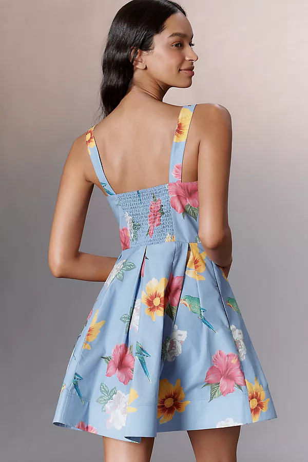 Anthropologie Maeve Scoop-Neck Printed Cotton Mini Dress Blue Pattern