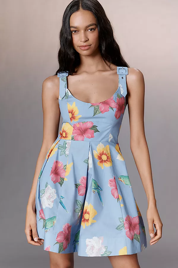 anthropologie Maeve Scoop-Neck Printed Cotton Mini Dress Blue Pattern