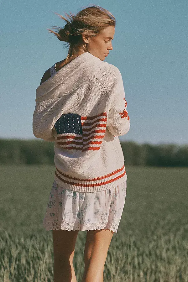 anthropologie Maeve Shawl Collar American Flag Cardigan Sweater Red Pattern anthropologie Maeve Shawl Collar American Flag Cardigan Sweater Red Pattern