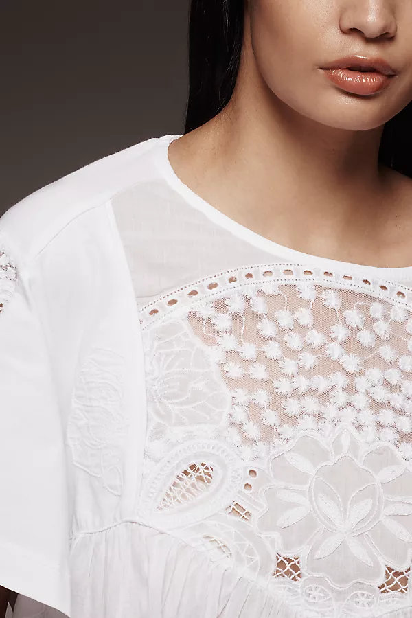 Anthropologie Maeve Short-Sleeve Embellished Swing Top Bright White