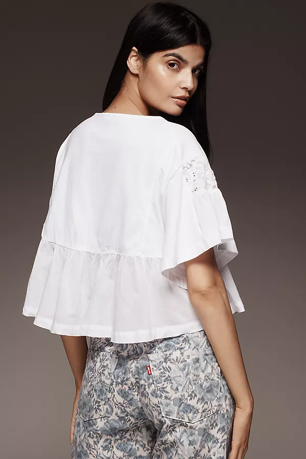 Anthropologie Maeve Short-Sleeve Embellished Swing Top Bright White