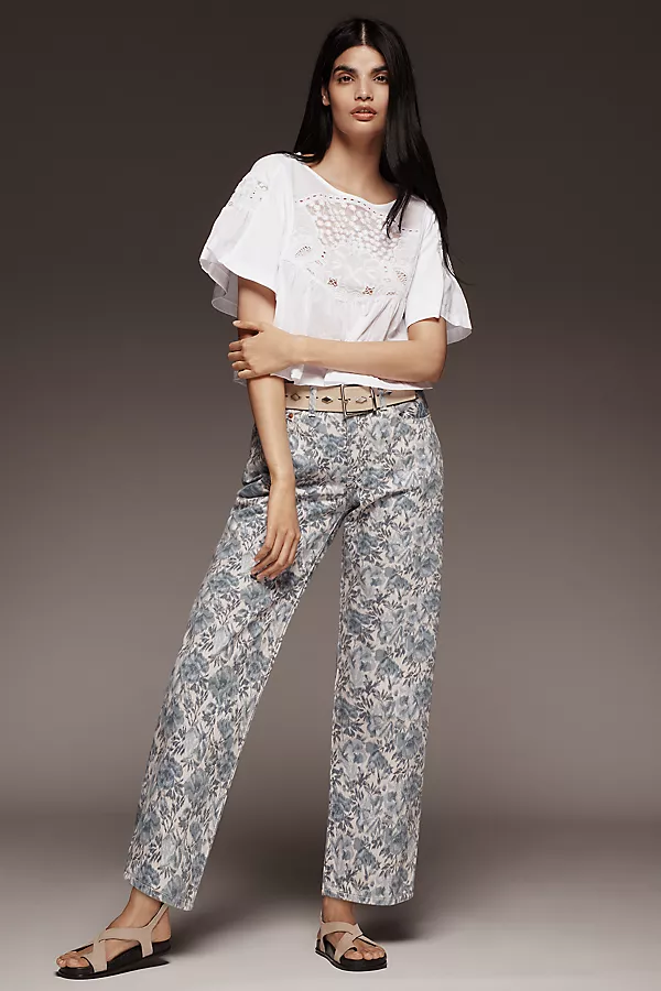 Anthropologie Maeve Short-Sleeve Embellished Swing Top Bright White