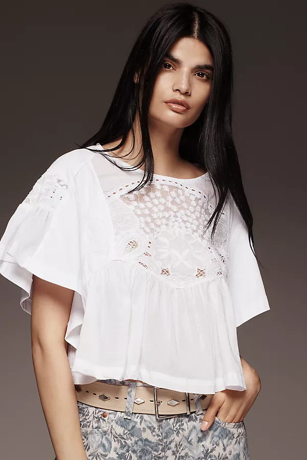 anthropologie Maeve Short-Sleeve Embellished Swing Top Bright White