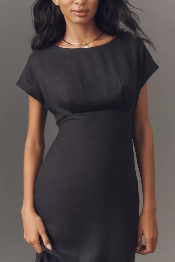 Anthropologie Maeve Short-Sleeve Linen Wrap-Back Slim Midi Dress Black Onyx