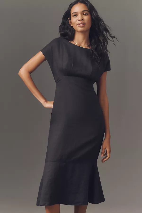 anthropologie Maeve Short-Sleeve Linen Wrap-Back Slim Midi Dress Black Onyx