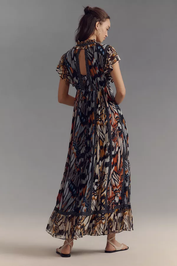 Anthropologie Maeve Short-Sleeve V-Neck Midi Dress Black Pattern