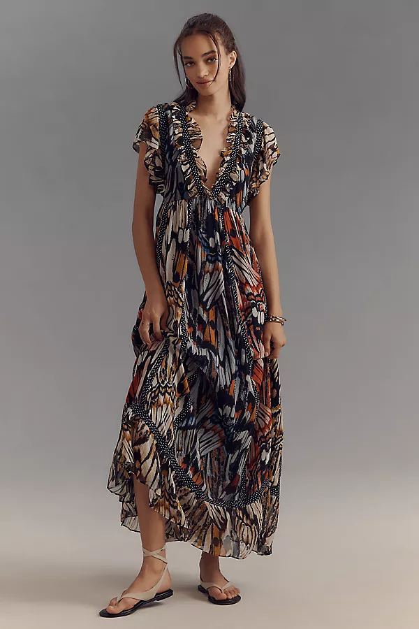 anthropologie Maeve Short-Sleeve V-Neck Midi Dress Black Pattern anthropologie Maeve Short-Sleeve V-Neck Midi Dress Black Pattern