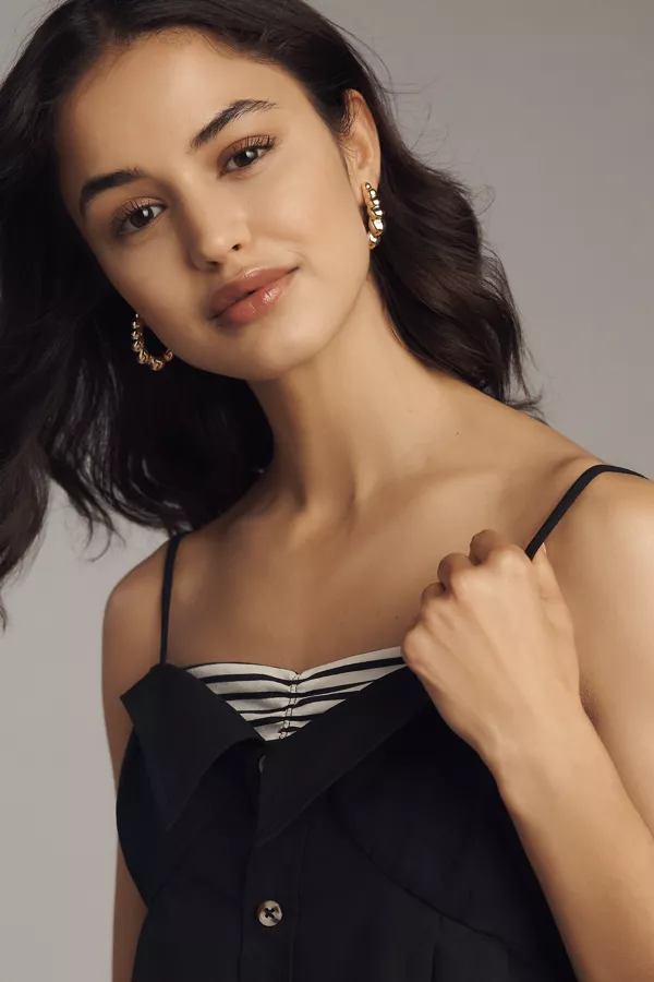 Anthropologie Maeve Sleeveless Button-Front Poplin Mini Dress Black Onyx