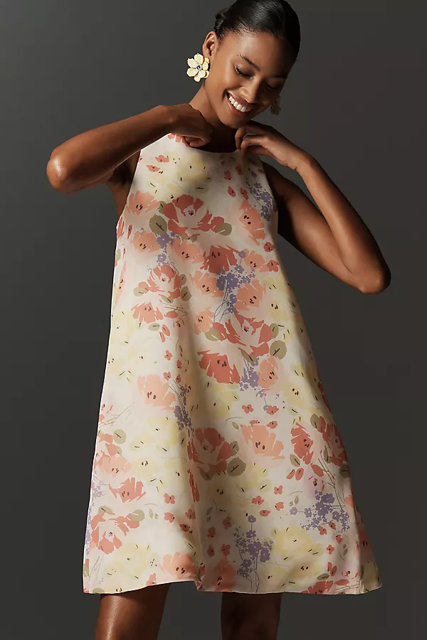 anthropologie Maeve Sleeveless Crew-Neck Chiffon Mini Dress Neutral Pattern