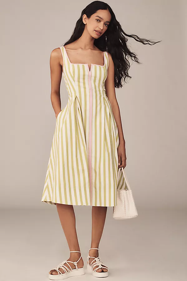 Anthropologie Maeve Sleeveless Notched Square-Neck Midi Dress Chartreuse