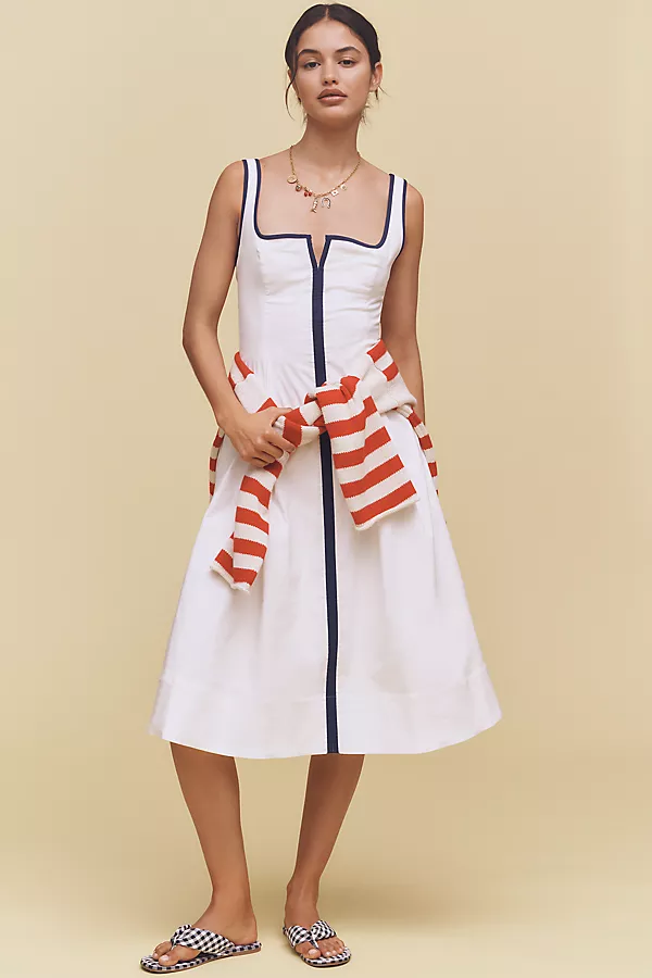 anthropologie Maeve Sleeveless Notched Square-Neck Midi Dress White With Navy