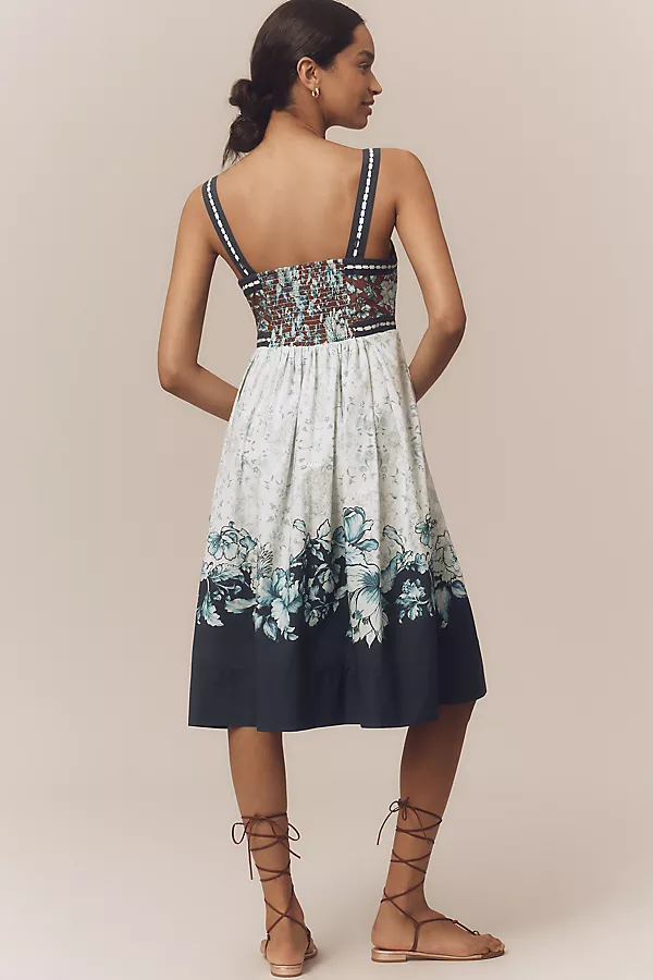 Anthropologie Maeve Sleeveless Square-Neck Button-Front Midi Dress Blue Pattern