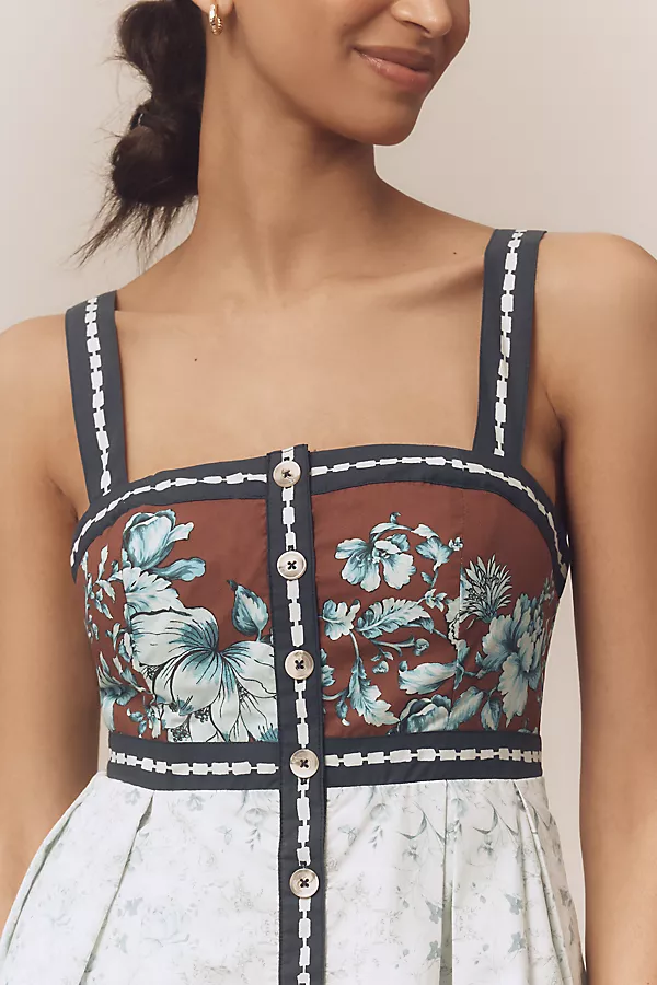 Anthropologie Maeve Sleeveless Square-Neck Button-Front Midi Dress Blue Pattern