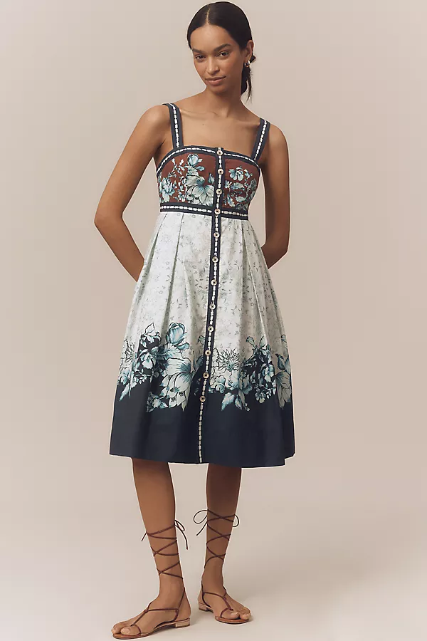 anthropologie Maeve Sleeveless Square-Neck Button-Front Midi Dress Blue Pattern