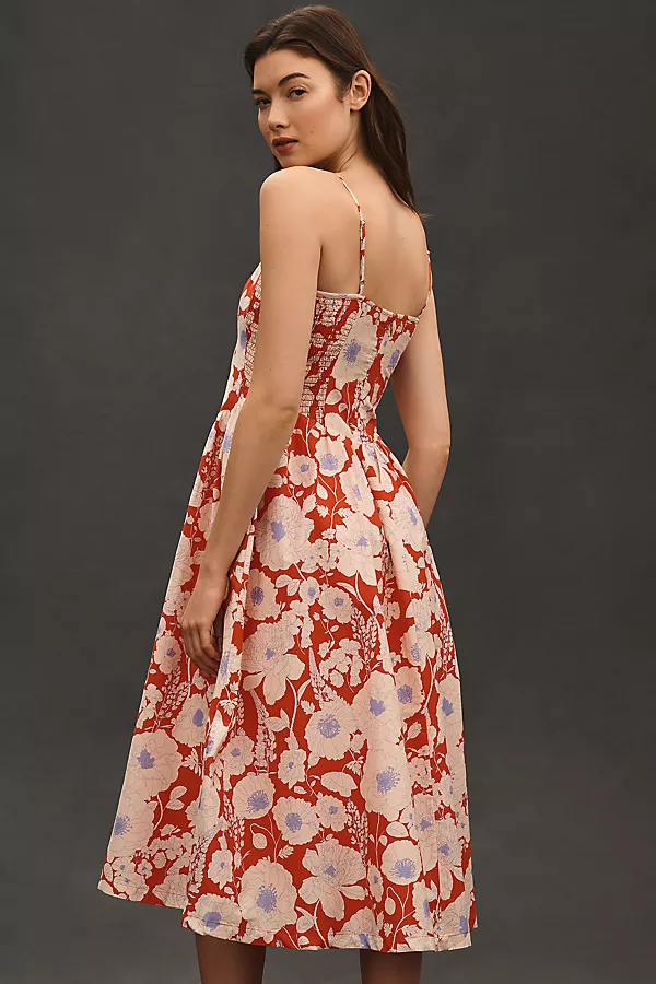 Anthropologie Maeve Sleeveless Square-Neck Drop-Waist Midi Dress Red Pattern