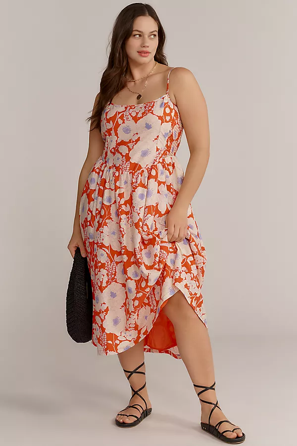 Anthropologie Maeve Sleeveless Square-Neck Drop-Waist Midi Dress Red Pattern