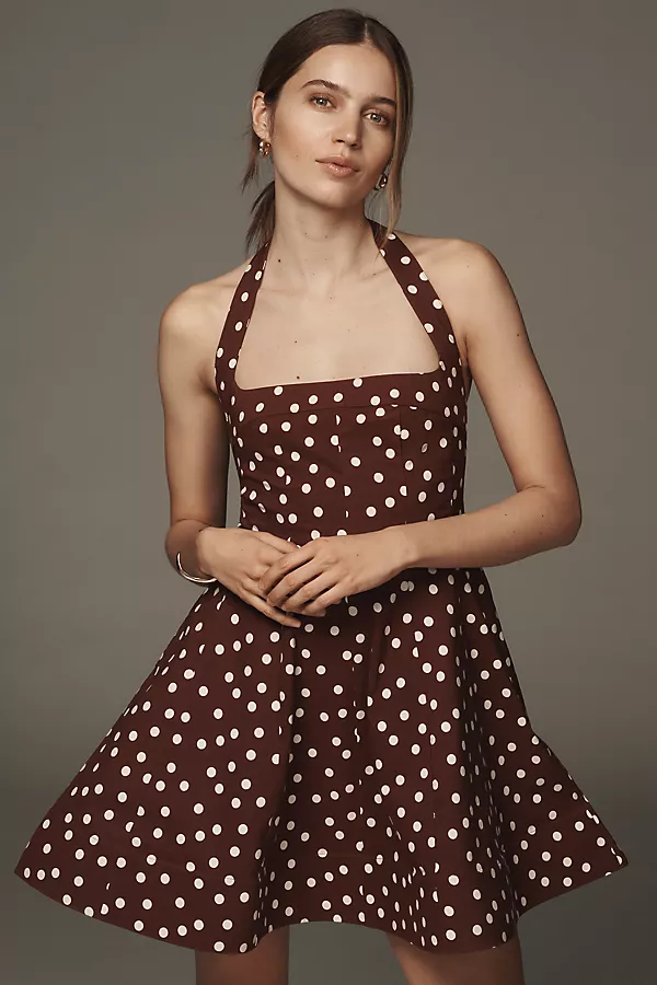 Anthropologie Maeve Square-Neck Fit-and-Flare Mini Dress Brown Pattern